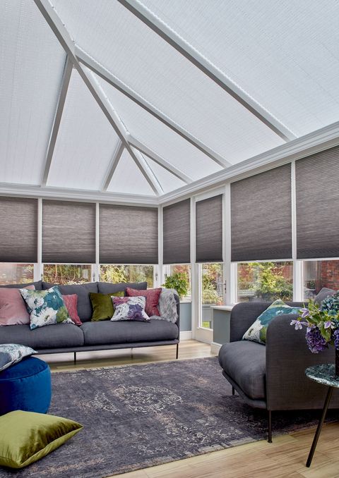 thermashade slate grey pleated blinds and crush silver grey roof blinds in conservatory