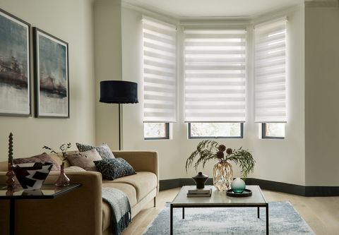 Daybreak white day and night blinds in living room bay window