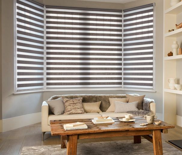 Day and night daybreak taupe blinds in living room