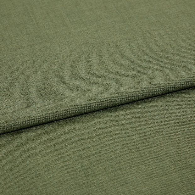 A folded piece of fabric with Lindora Pesto Green printed on it