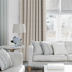 Arlington Shingle Curtains in living room with light grey sofa