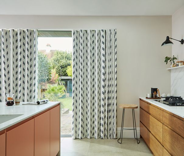 Phatara phantom wave header curtains on floor length kitchen windows