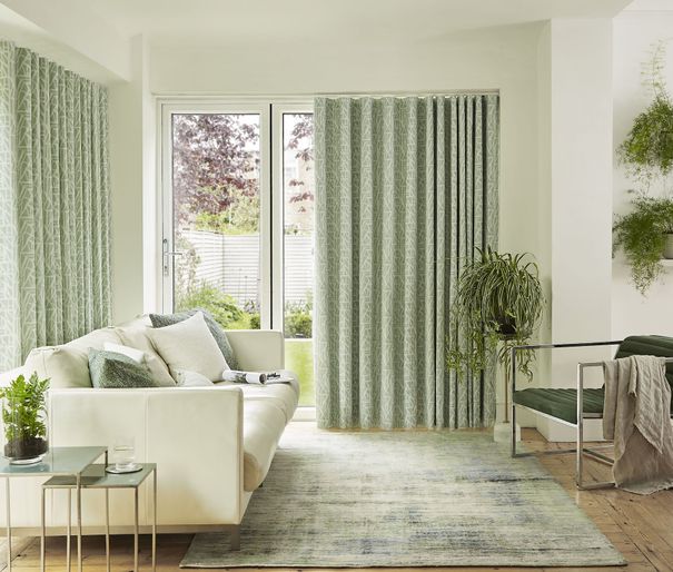 Alder celadon green floor length wave curtains in living room