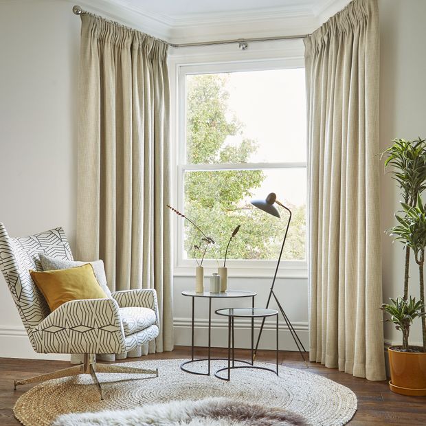 Boheme hemp cream pencil pleat curtains in cosy living space