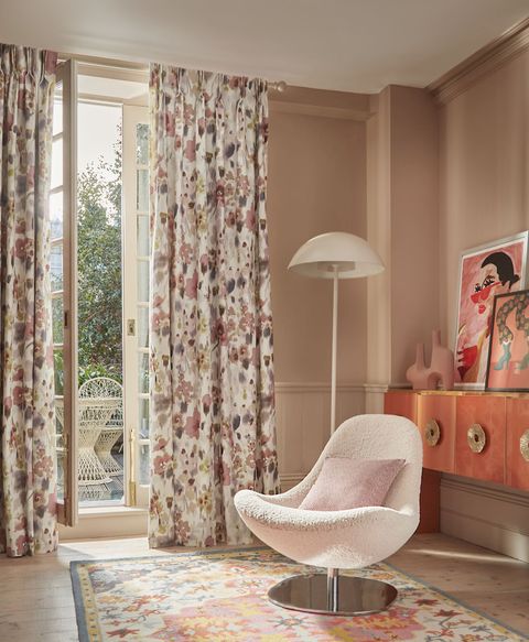 Livia sorbet pinch pleat floral pink curtains on french doors in living room