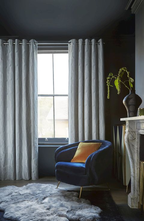 Maud steel floor length eyelet curtains in dark themed bedroom