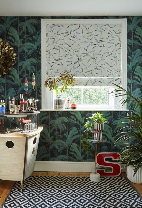 Aloha Moss roman blinds in plant themed living space