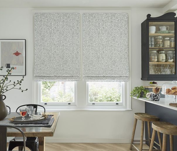 Matisse monochrome roman blinds in rustic kitchen/dining area