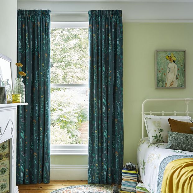 Botanical Bayberry full length pencil pleat curtains in spring/floral themed bedroom