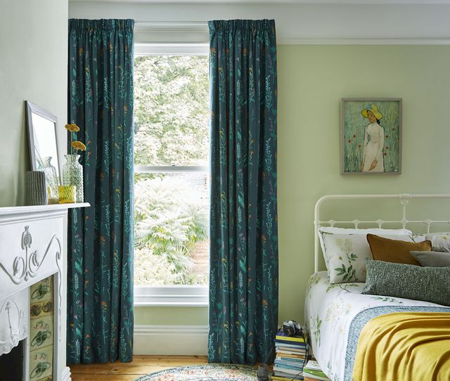 Botanical Bayberry full length pencil pleat curtains in spring/floral themed bedroom