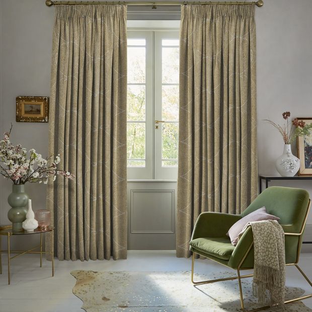 Floor length zane sand dune gold curtains in floral themed living room