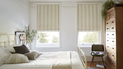 Duke olive striped roman blinds in light cream bedroom