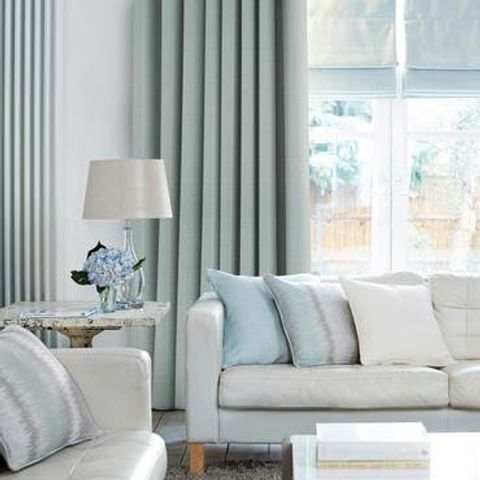 Clarence Sky Blue Curtains in dining room with white furniture
