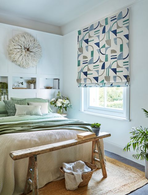 Block ocean geometric roman blind in cosy spring/pastel themed bedroom