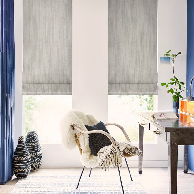Flourish silver long roman blinds on skinny windows in home study area