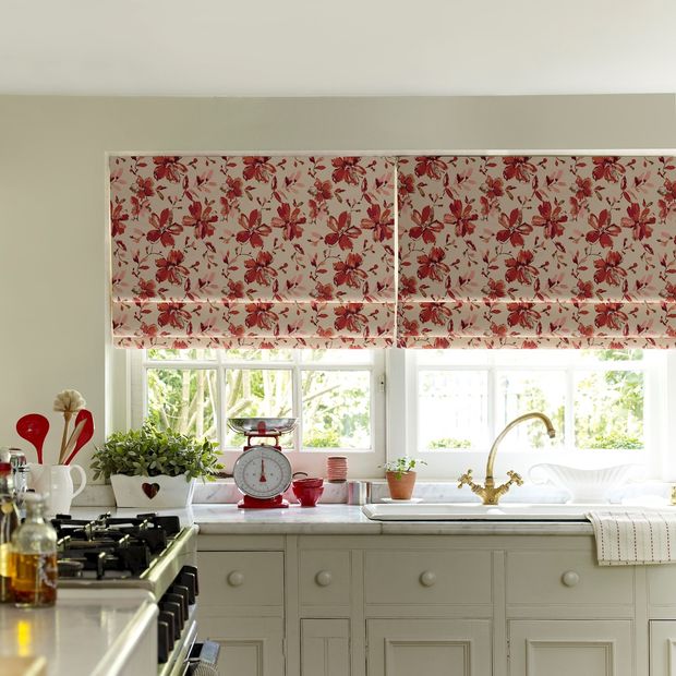 Forenza berry floral roman blinds in cream coloured kitchen
