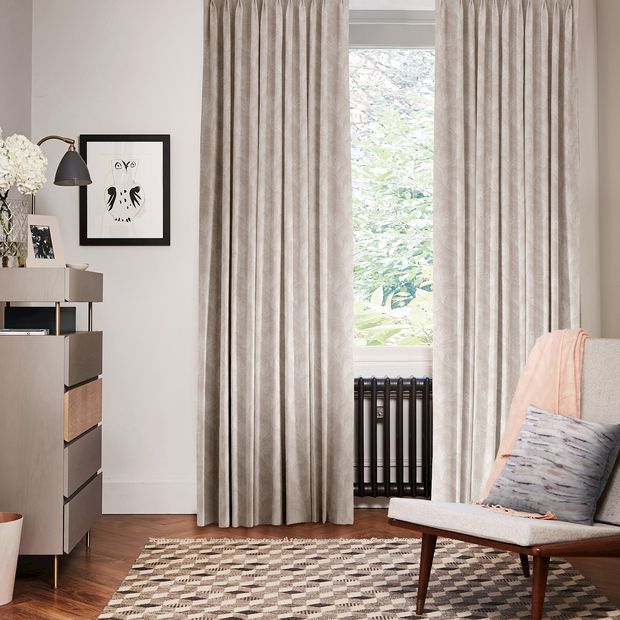 Quill Hush floor length curtains in bedroom with chair and chest of drawers