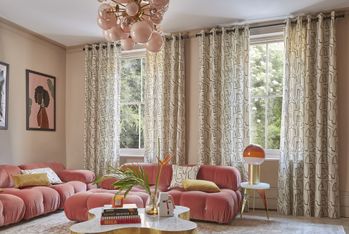 nora putty patterned floor length curtains in pink living room