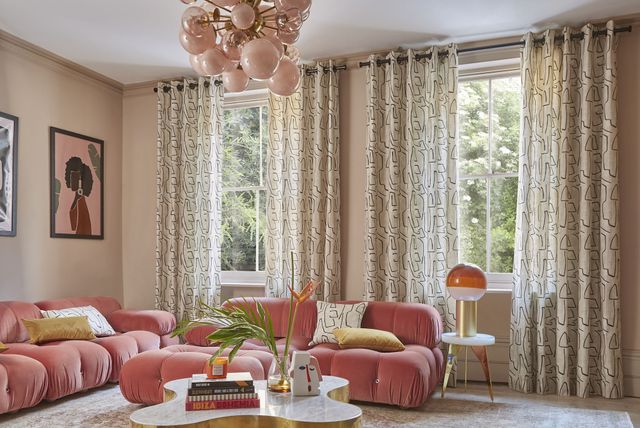 nora putty patterned floor length curtains in pink living room