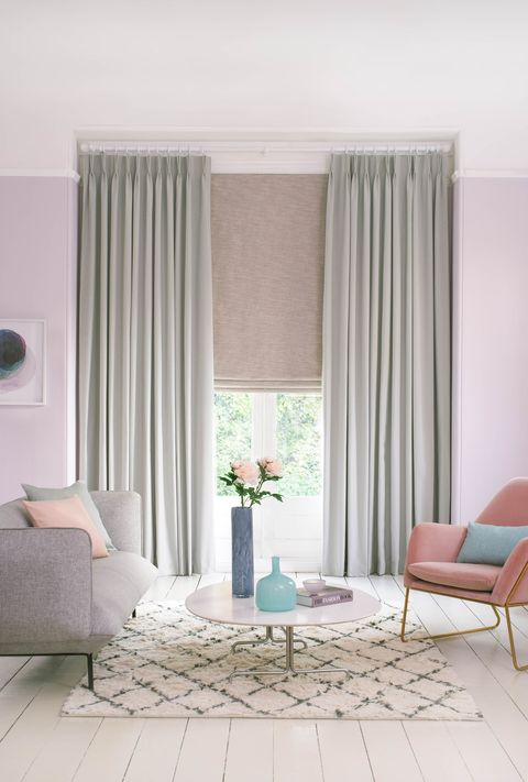 Huxley dove grey floor length curtains paired with haddie chalk pink roman blinds
