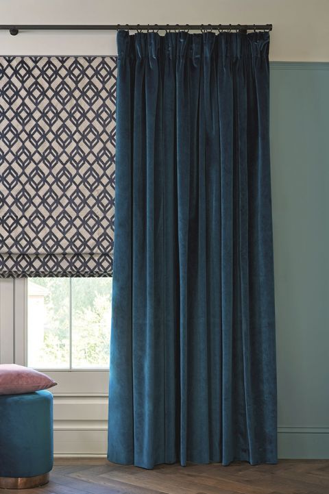 Floor length darcia velvet teal curtains paired with loxly ink roman blinds