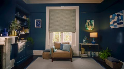 Zircon turquoise patterned roman blinds in living room