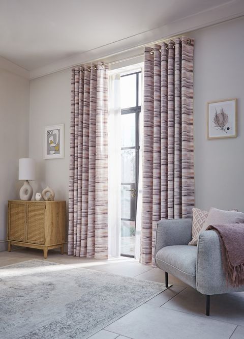 Mist heather floor length curtains in home movers living room