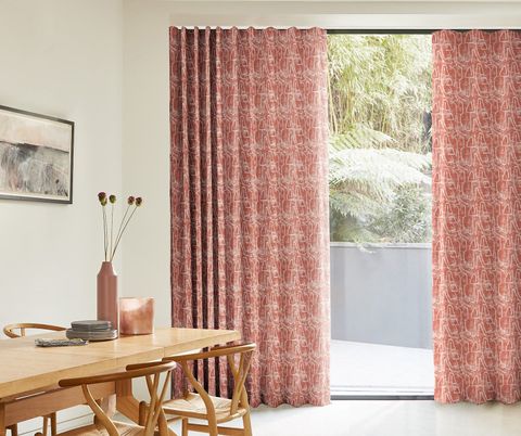 nora bruschetta floor length red curtains in open space dining room