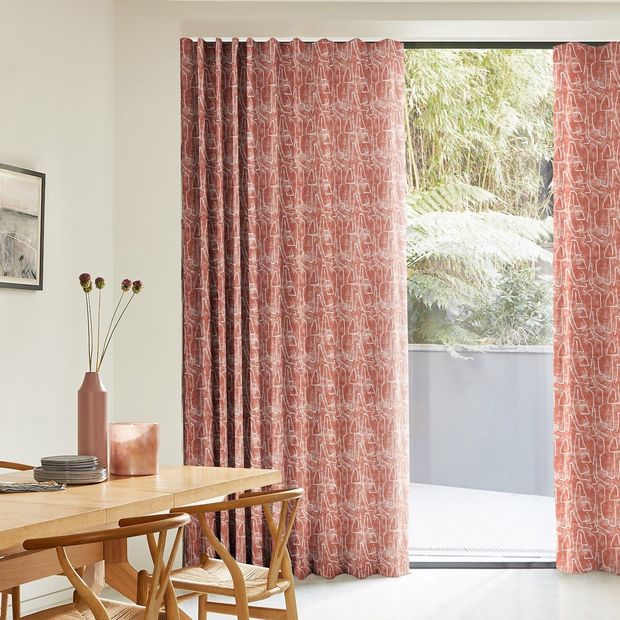 nora bruschetta floor length red curtains in open space dining room