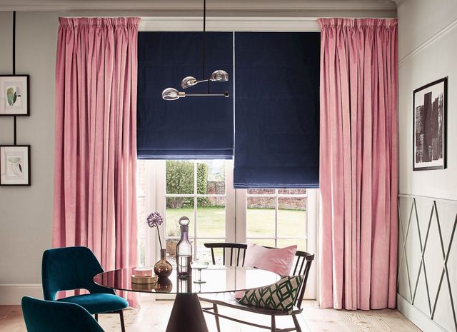 darcia velvet floor length curtains paired with paloma tan roman blind
