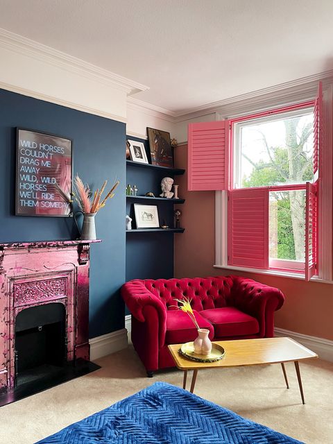 Pink custom colour tier on tier shutters in pink living room