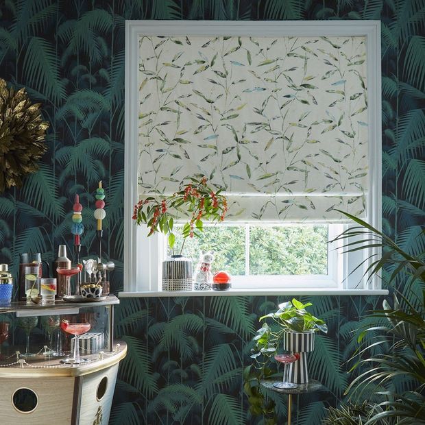 aloha moss roman blinds in greenery themed living space