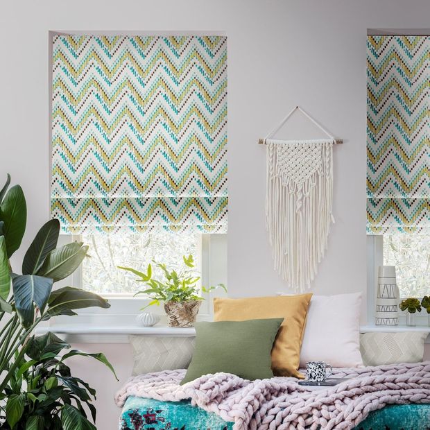 holi aquarelle striped roman blinds in living room