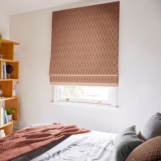 Zircon spice roman blinds in bedroom