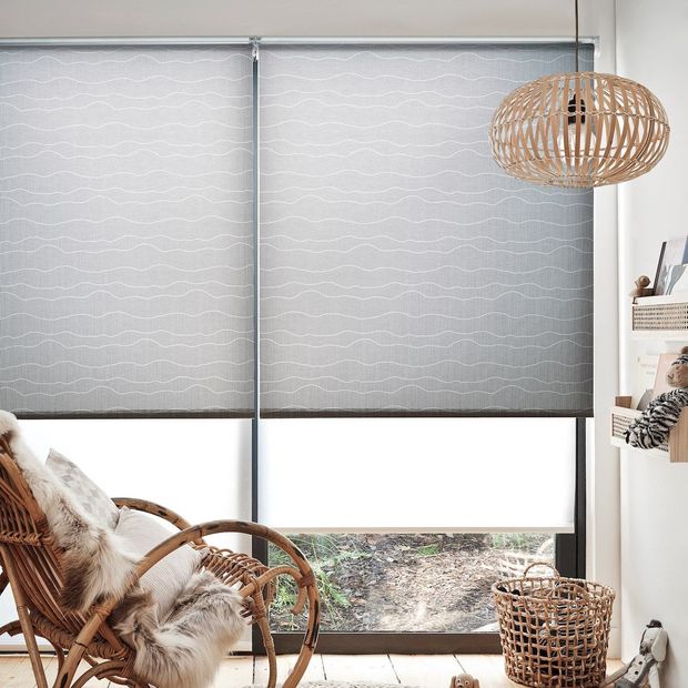 atlas marine roller blinds paired with niamh mist roller blinds in living room