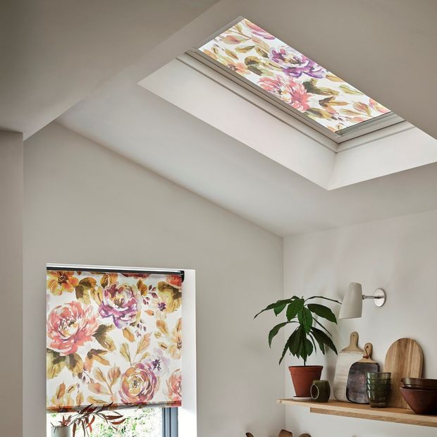 evelyn nectarine orange roller blinds in window and skylight in kitchen