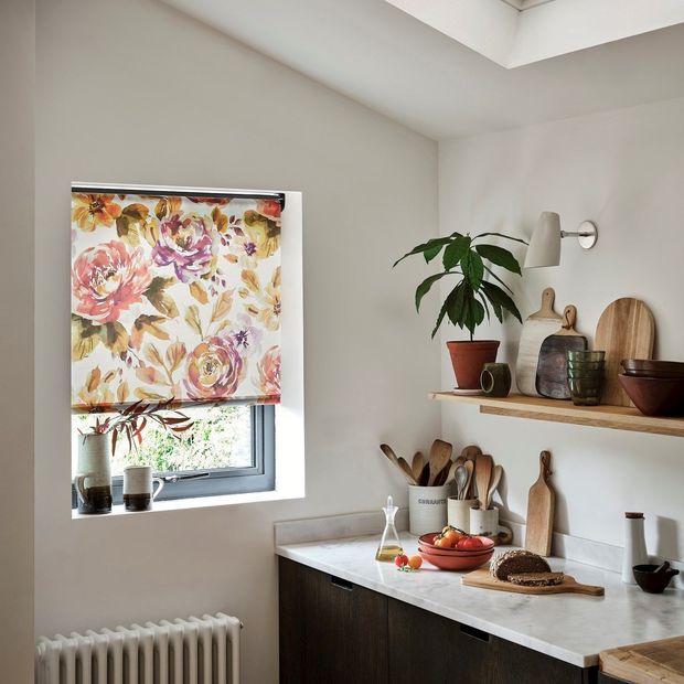 evelyn nectarine orange roller blinds in window and skylight in kitchen