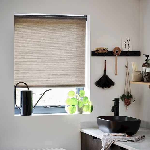 Hickory sand roller blinds in contemporary kitchen