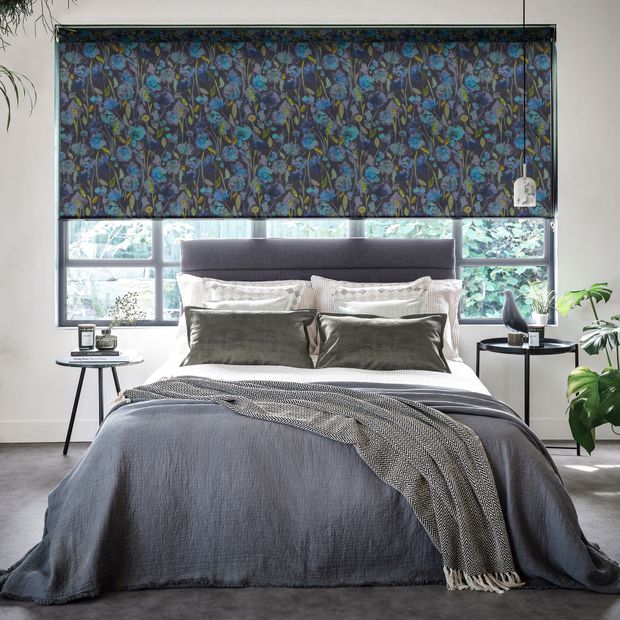 grace blackout indigo floral patterned large roller blind in bedroom