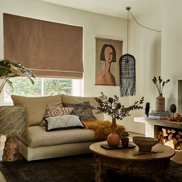 sulby ochre roman blind in modern rustic living room