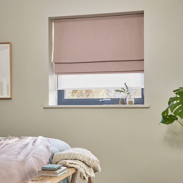 Calm living serene mauve roller blind paired with solace sheer roller blind on small window