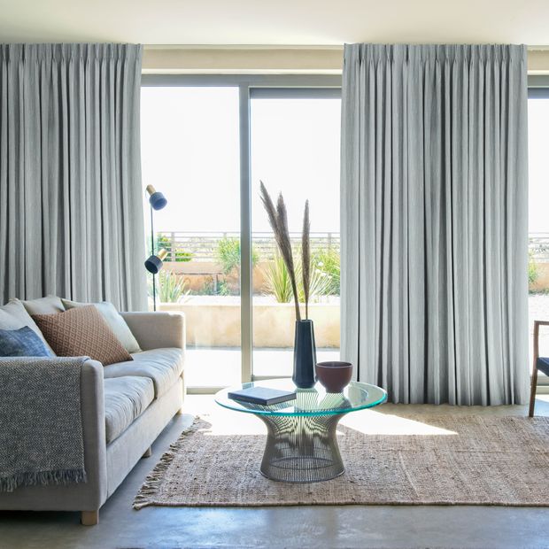 Pair of two maud mineral curtains covering large living room window