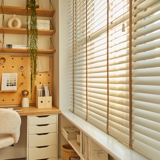 Ellwood pearl white venetian blinds with clay tape in home office