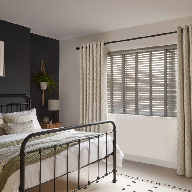 Mirage faux wood charcoal venetian blinds with dark grey tape paired with alto linen curtains