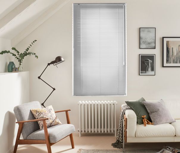 Dusty Grey metal venetian blinds in minimalist living room