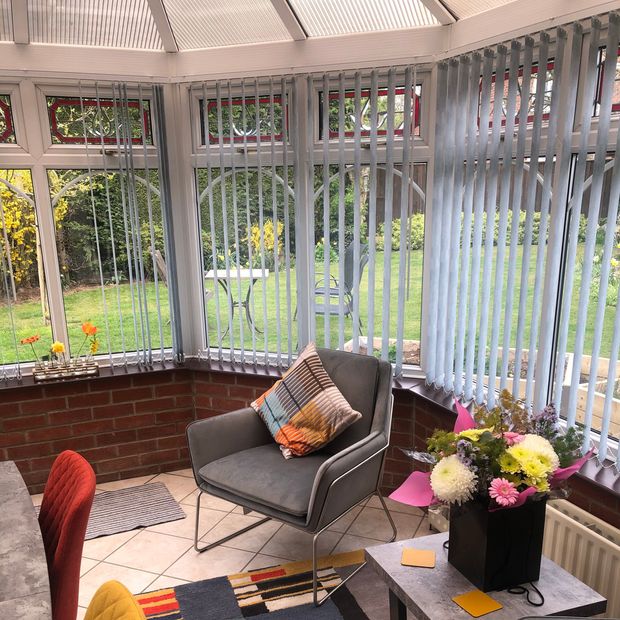 acacia light grey vertical blinds on conservatory windows