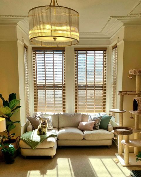 light brown faux wooden blinds on box bay window in cosy living room