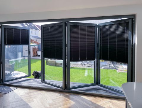 intu micro infusion pure black pleated blinds on bifold living room doors