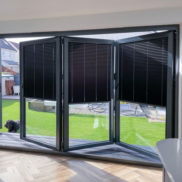 intu micro infusion pure black pleated blinds on bifold living room doors