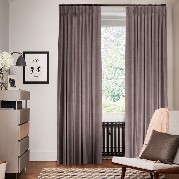 dusty purple floor length pinch pleat curtains in minimalist bedroom